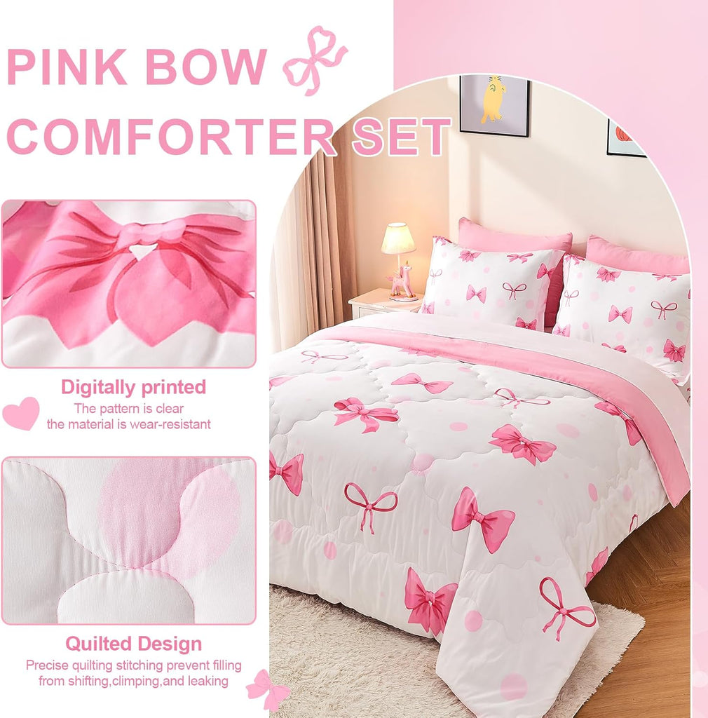 7 Piece Pink Bow Bedding Set for Girls Kids Twin Comforter Set with Sheet and 2 Pillowcases 2 Pillow Shams Cute Girls