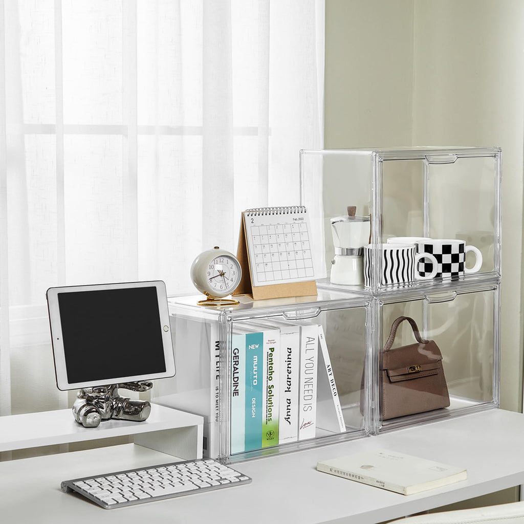Acrylic Box Display Case, 5-Pack XL Stackable Storage Bins with Lid