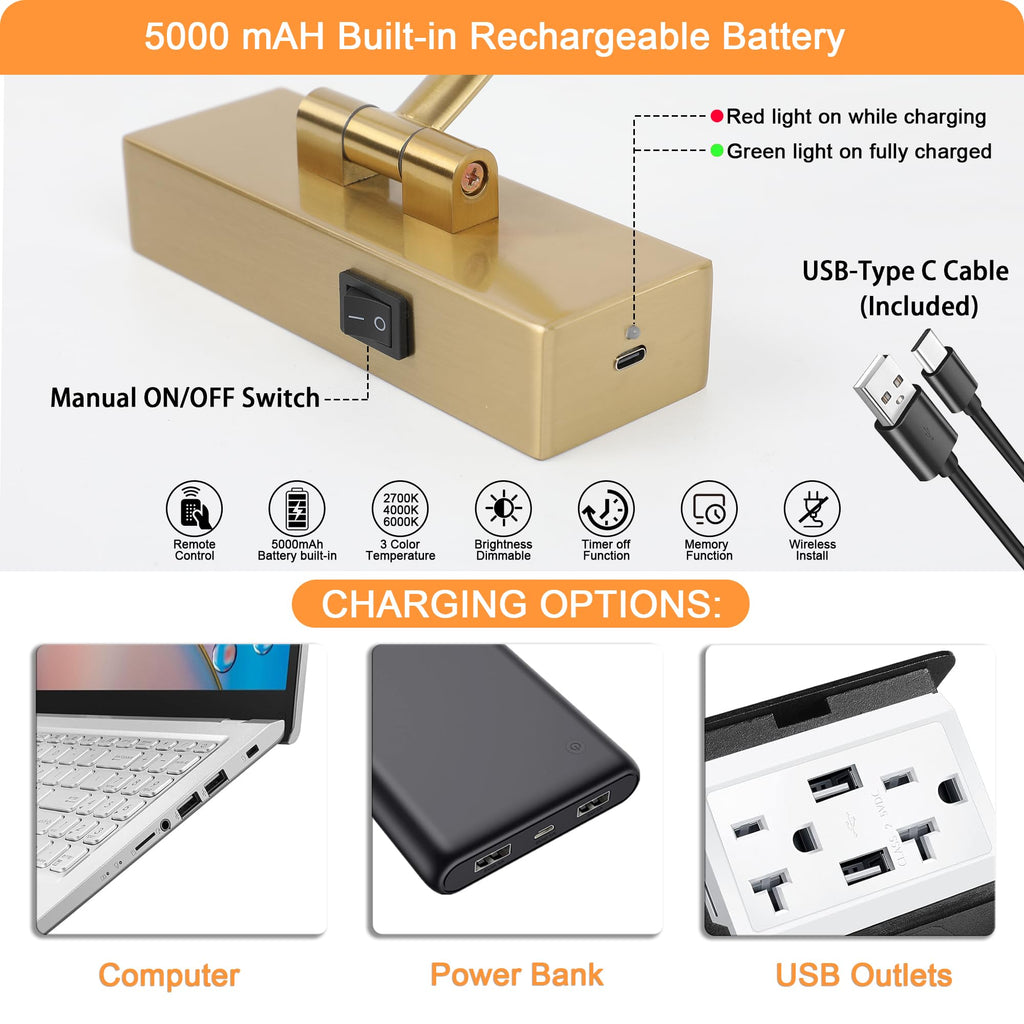 Wireless Picture Lights for Wall Rechargeable, Battery Operated Art Light for Paintings, 3CCT Dimmable, 15.7" Brass
