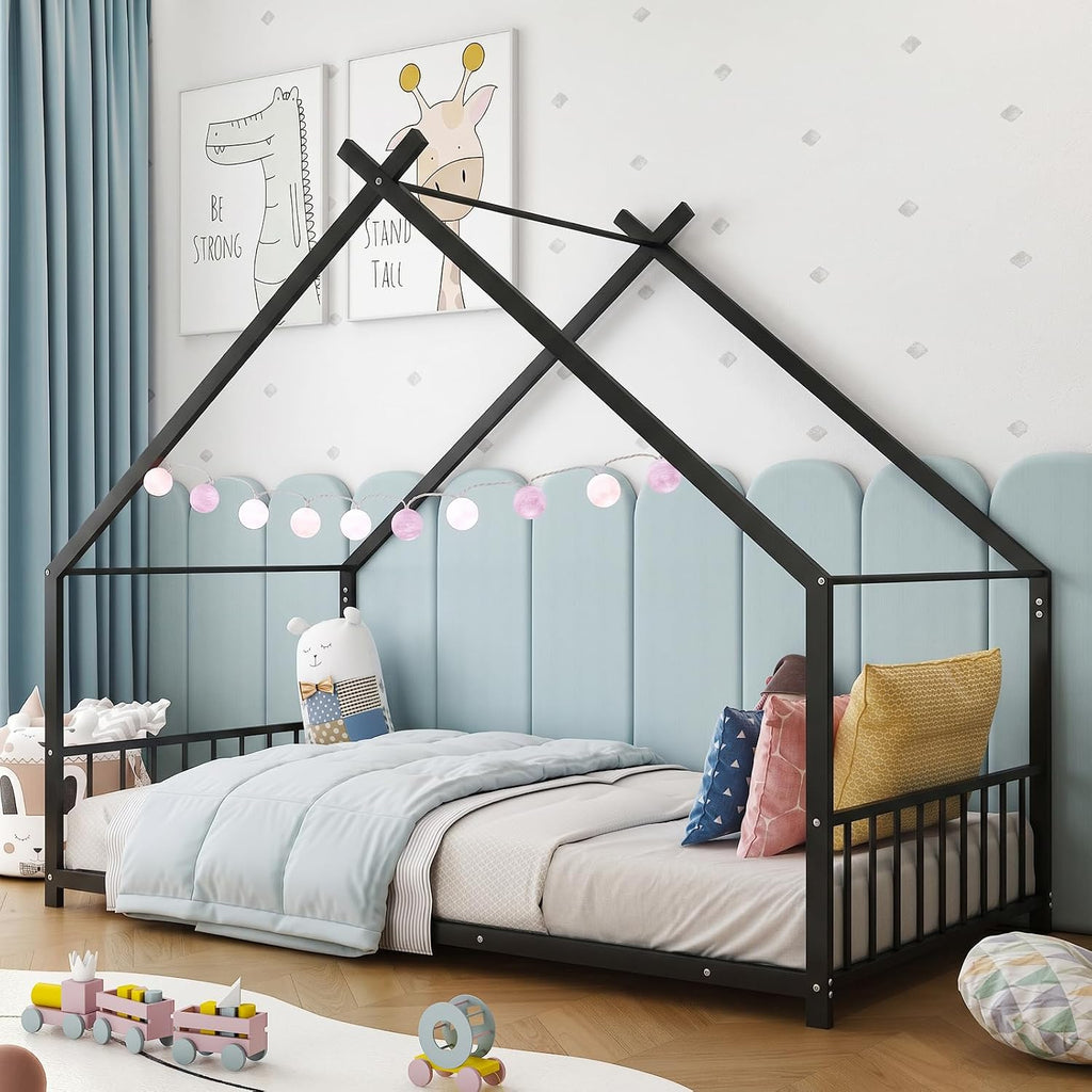 Metal Toddler Floor Bed with Slats & Fence, Black
