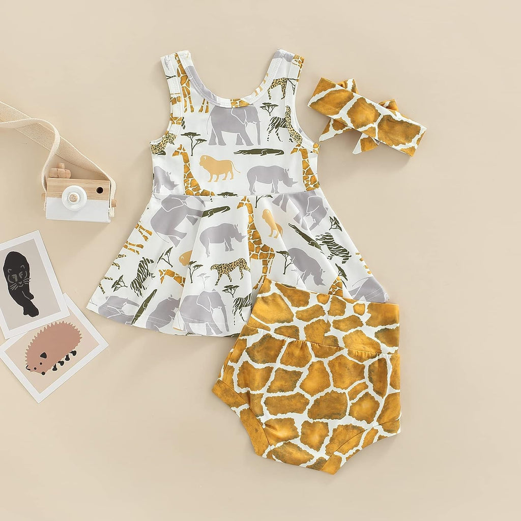 3Pcs Baby Girl Summer Outfit Animal Print Sleeveless Ruffle Tank Tops High Waist Shorts Headband Clothing Set