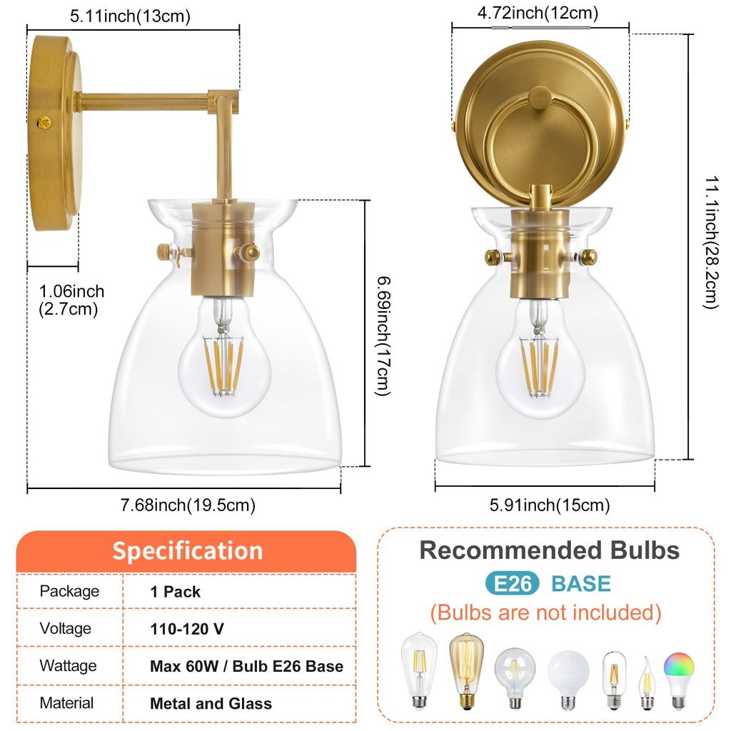 Gold Wall Sconce 1-Light Farmhouse Vanity Light Fixtures