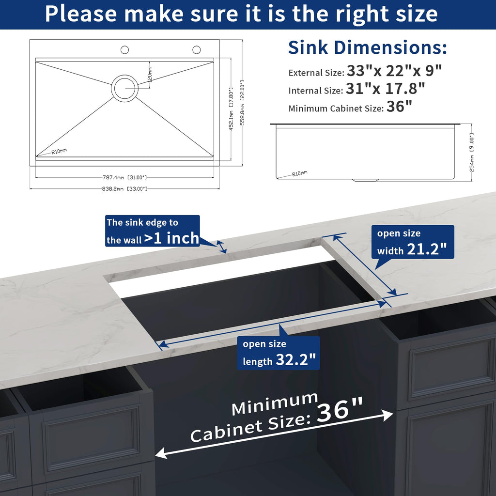 33" x 22" Drop Sink, 304T Stainless Steel Topmount Workstation Sink, Single Bowl with Integrated Ledge