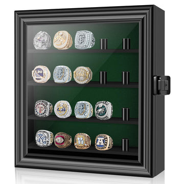 Championship Ring Display Case, Lockable Baseball Ring Holder with 20 Posts, Wooden Shadow Box Wall Mount for