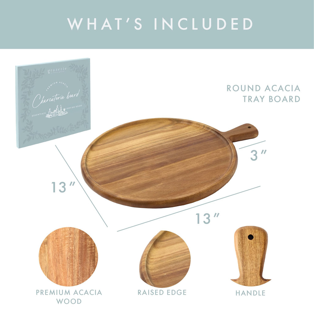 Acacia Wood Charcuterie Board with Handle, Round 16"x13"