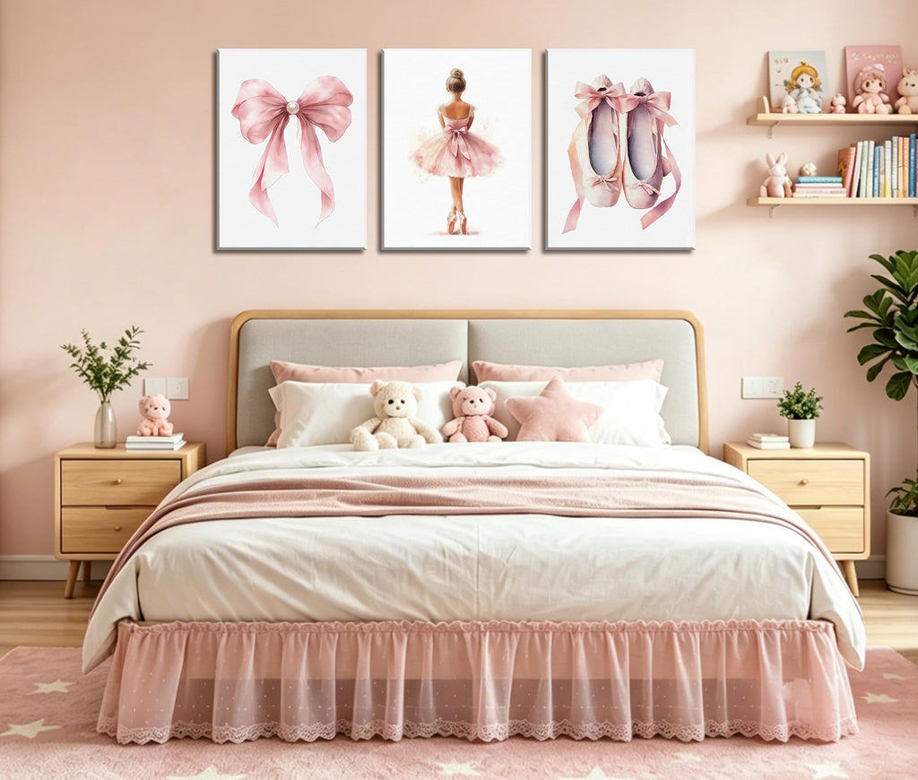 3-Piece Pink Ballet Girl Canvas Wall Art, 12x16 Inch