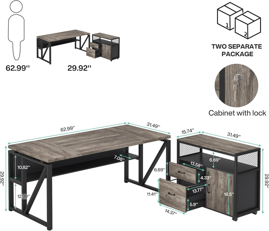 L Shaped Desk with Drawer Cabinet, 63" Executive Computer Desk and lateral File Cabinet