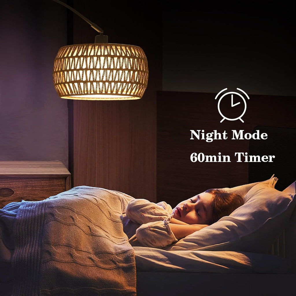 Arc Floor Lamps with 3 Color Temperatures, Black Standing Lamp with Remote & Dimmable LED Bulb, Rattan Boho Floor Lamp