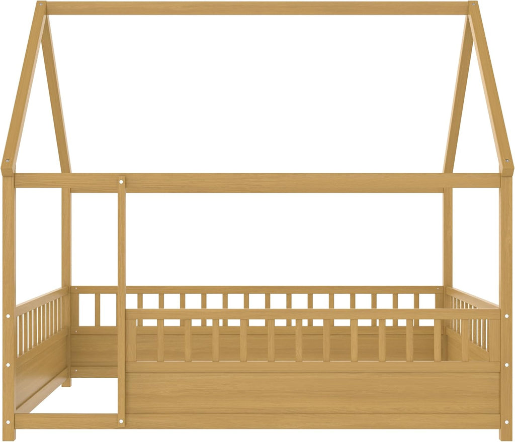 House Bed Frame with High Fence, Natural