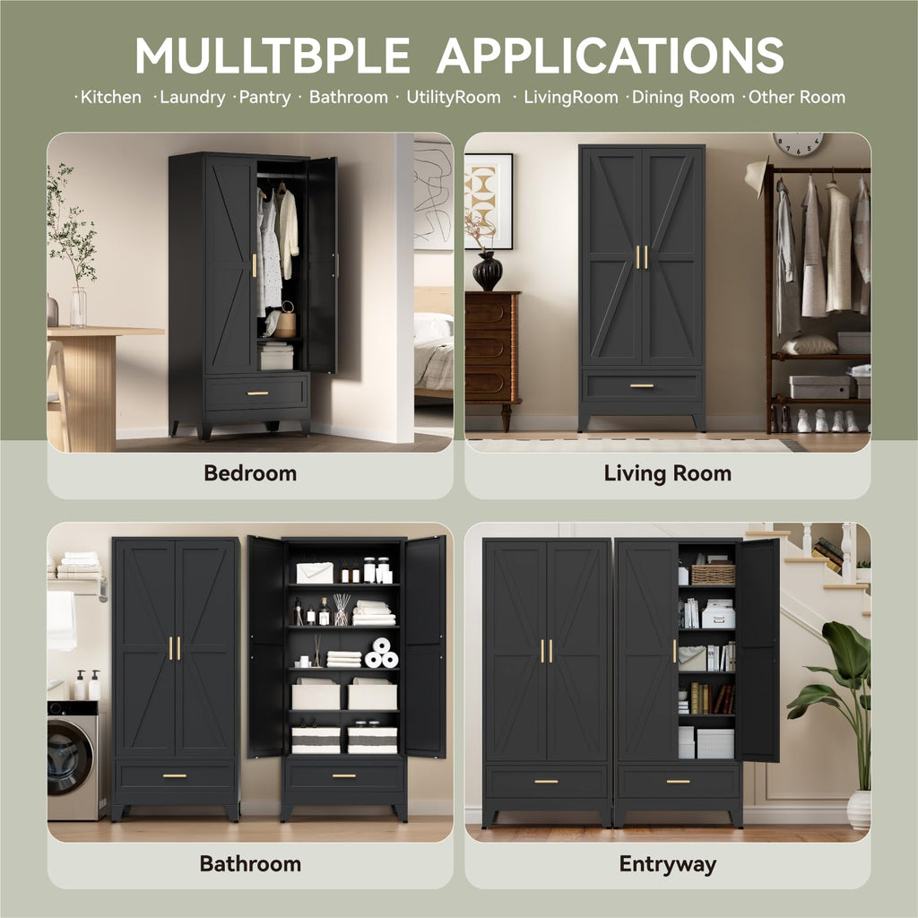 71 Farmhouse Metal Wardrobe Closet with Hanging Rod, 2 Barn Doors, Adjustable Shelves, Steel Armoire with Drawer Black