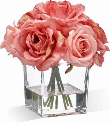 Rose Artificial Flowers in Vase with Faux Water, Silk Rose Table Centerpieces Coffee Table Decor, Bean Pasty Pink
