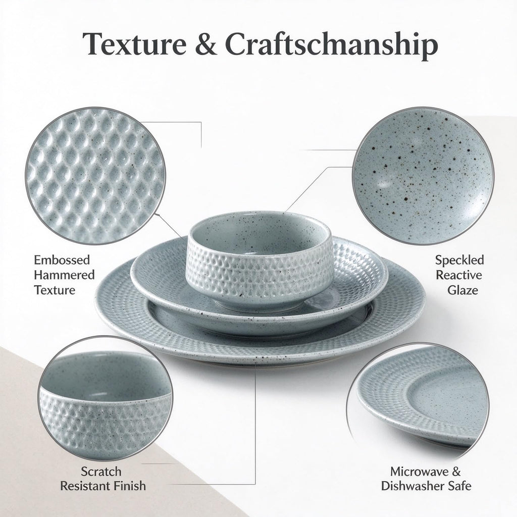 12 Piece Ceramic Dinnerware Set, Hammered Embossed Reactive Glaze Plates and Bowls Set, Service for 4, Microwave &