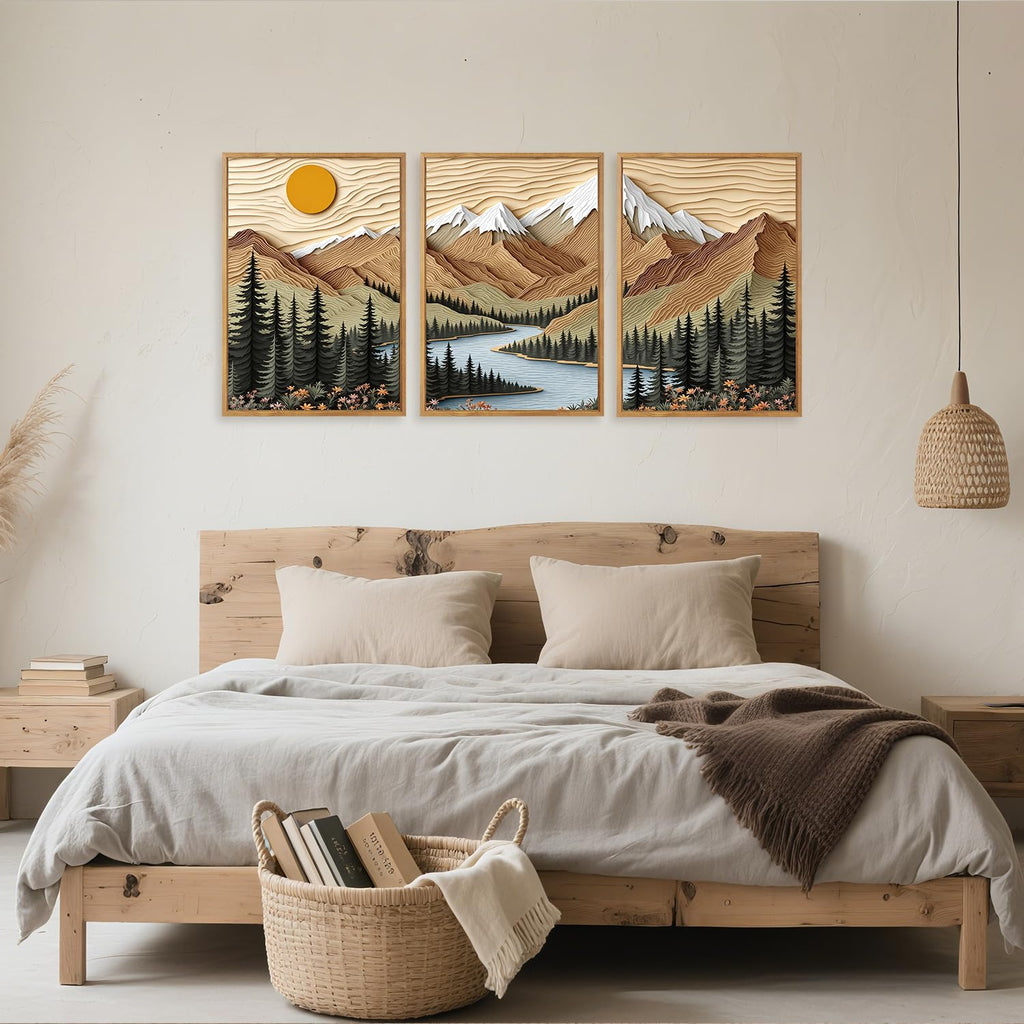 Mountain Forest Framed Canvas Wall Art Set Of 3, Rustic Nature Wall Decor, Scenic Lake Sunrise Landscape Painting