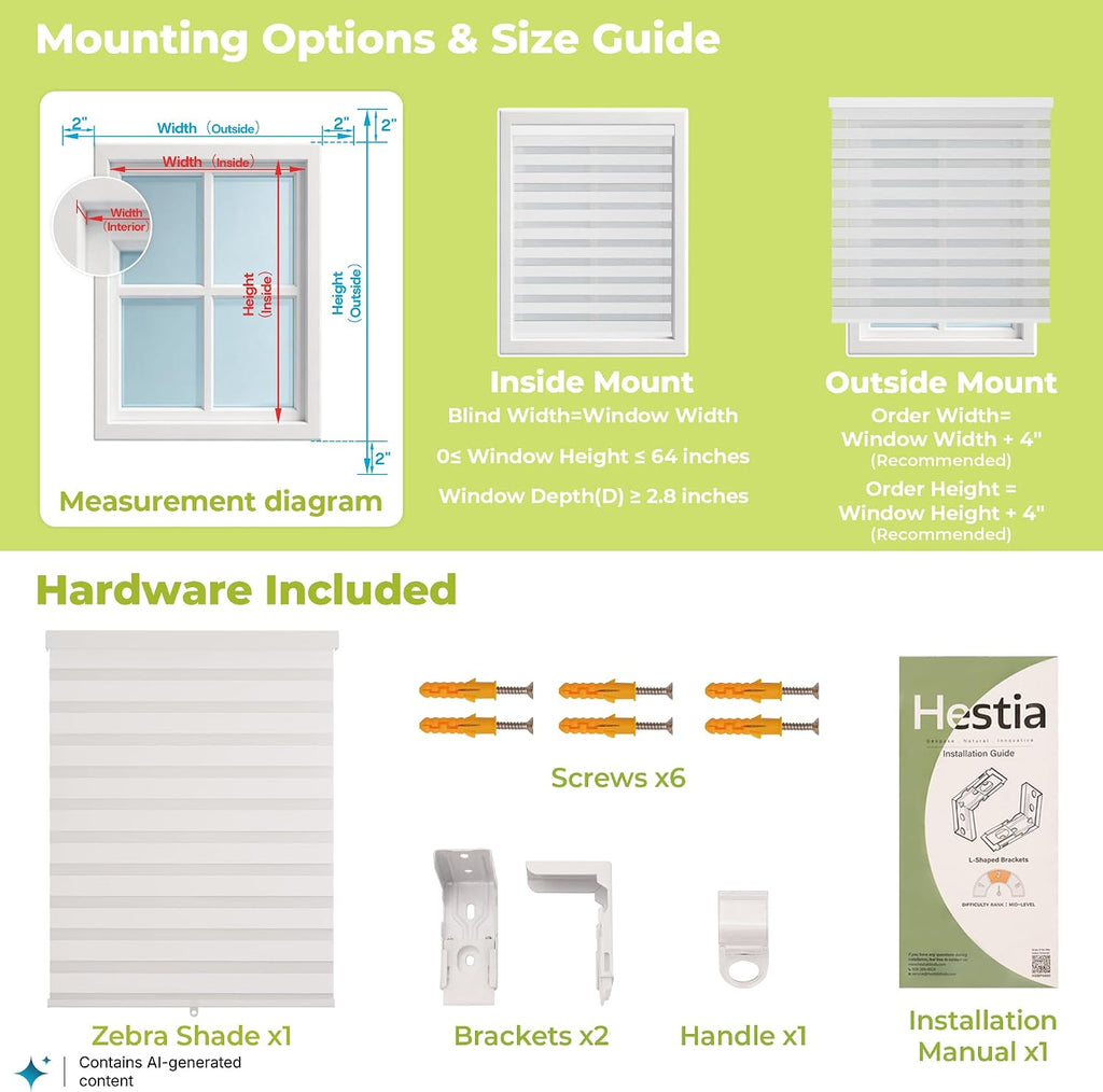 Cordless Zebra Blinds for Windows, Home Office, White, 36" W x 64" H | Dual-Layer Light Control Window Blinds For Day