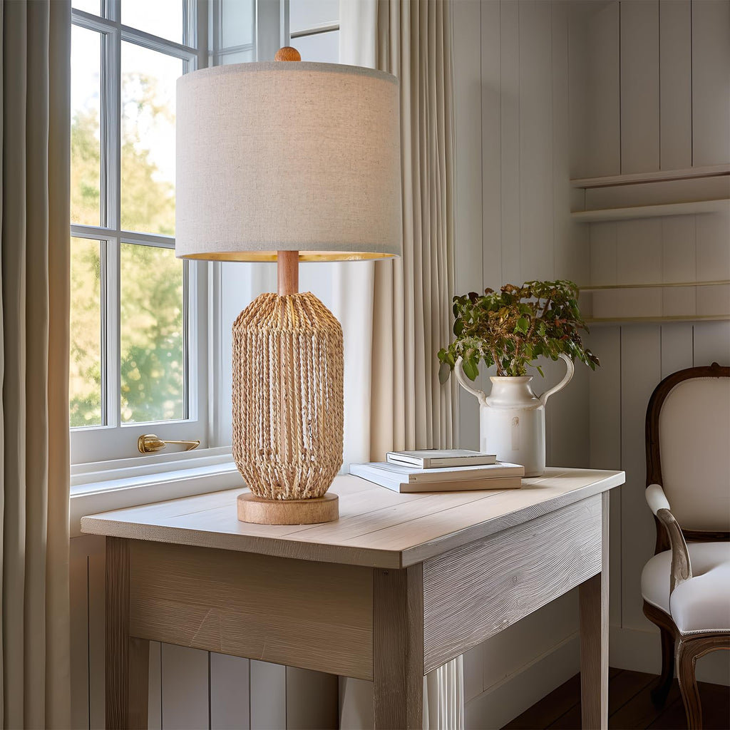 21" Boho Table Lamp, Bedside Lamp for Nightstands, Rattan Lamp, Farmhouse Table Lamp for Room Decor, End Table