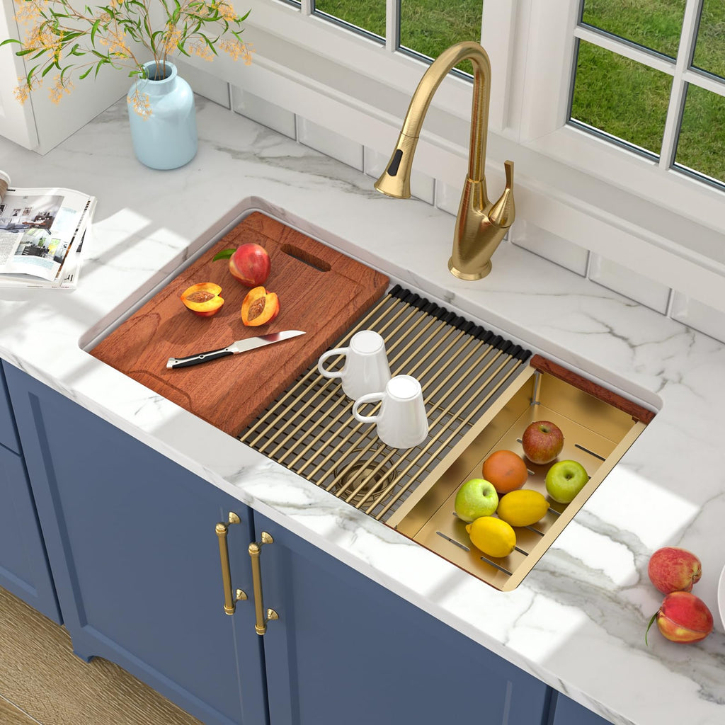33 Inch White Kitchen Sink Fireclay Porcelain Ceramic Undermount Sinks Single Bowl Rectangular Basin Workstation with