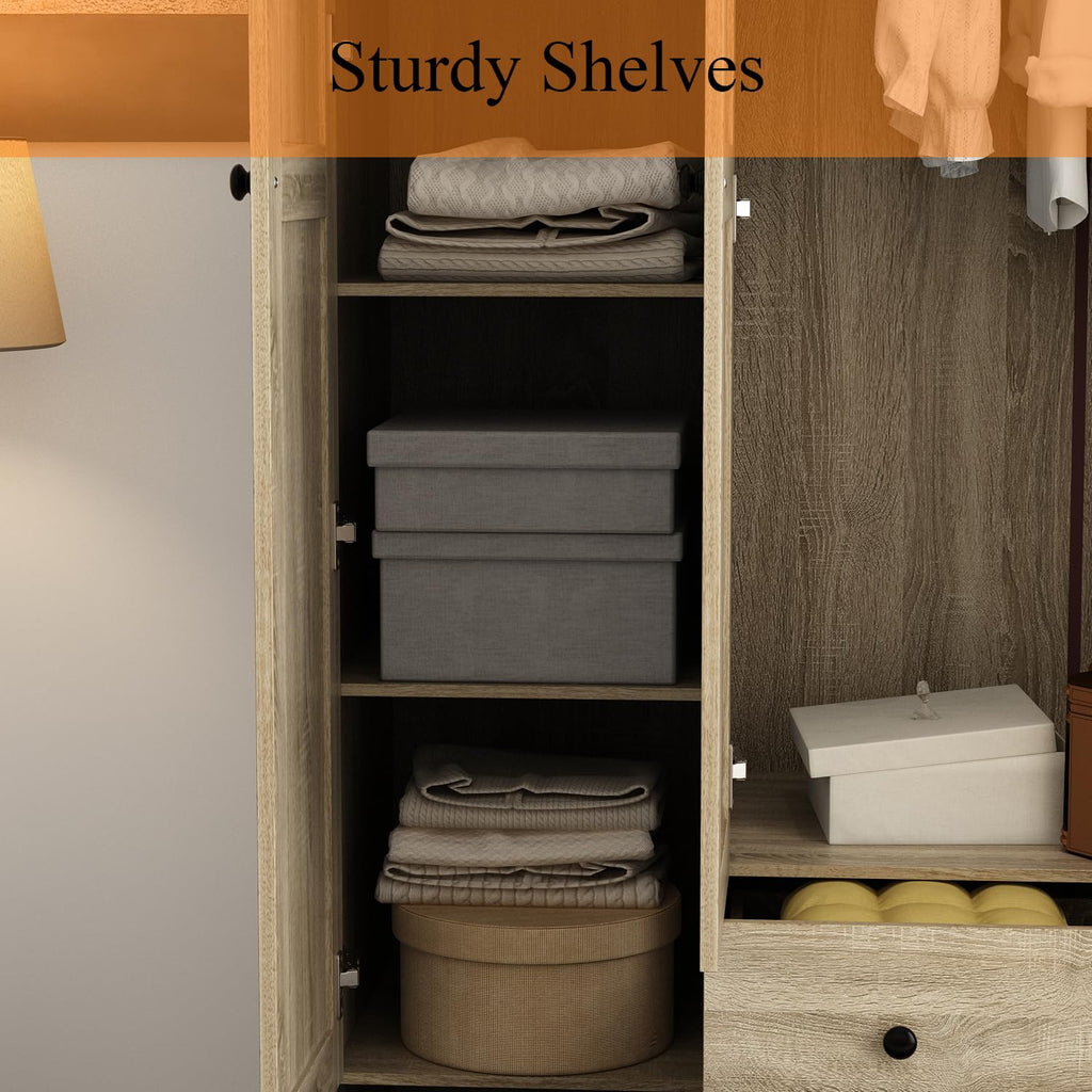 Rattan Armoire Wardrobe Closet with 7 Shelves, 5 Drawers & Hanging Bars, 59" L Wooden Wardrobe Clothes Storage