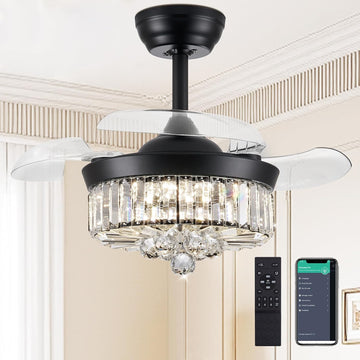 30" Chandelier Ceiling Fan with Light Crystal Fandelier Modern Reversible Ceiling Fan Dimmable Retractable Timer