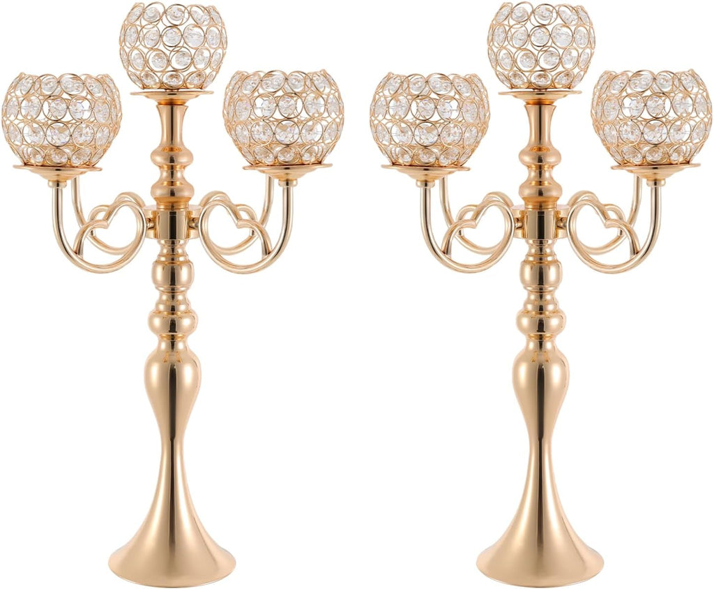 2 Pack Gold Candelabra Centerpiece 5 Arms with Crystal Pendant 21.5 Inch Tall Floor Crystal Chandelier Crystal Beaded