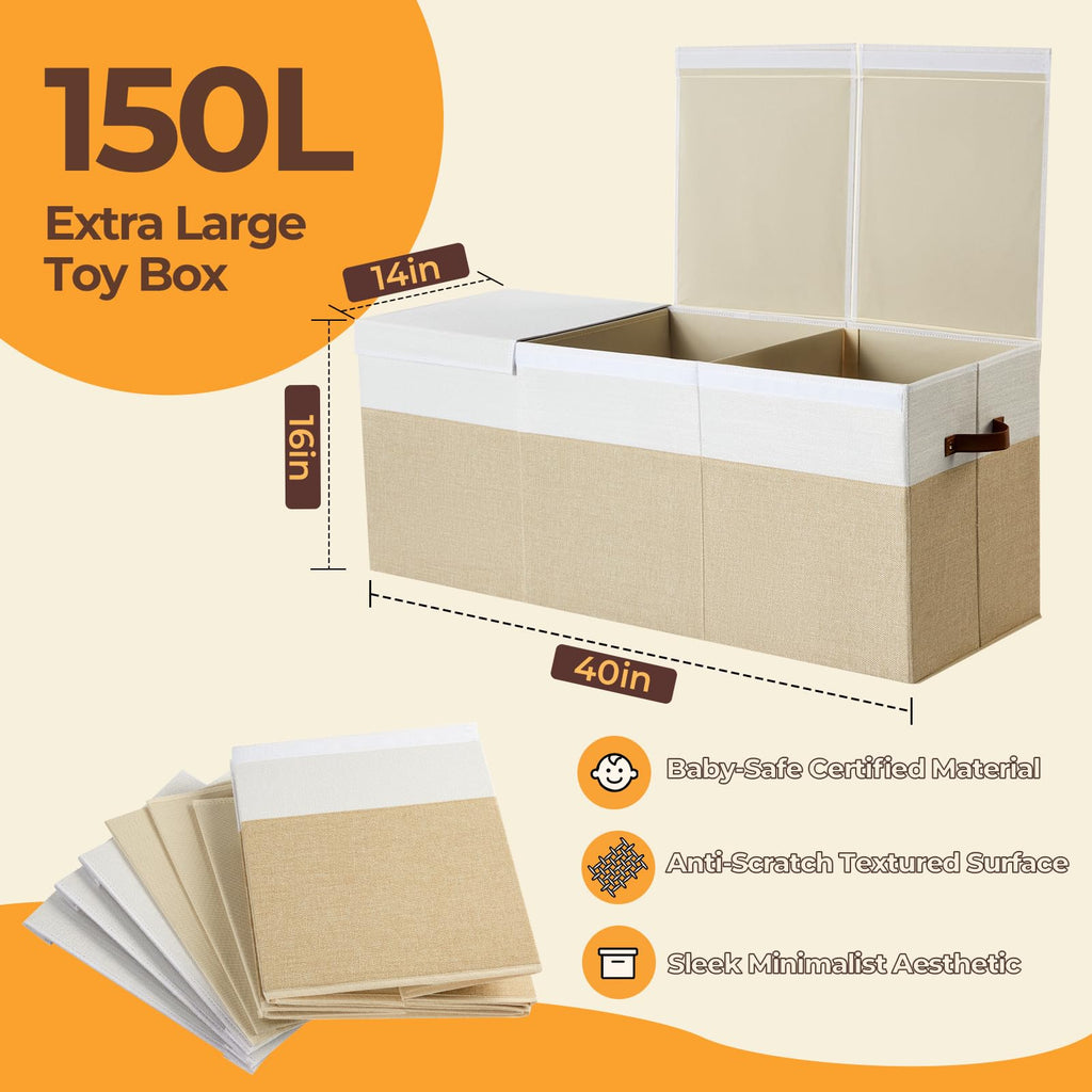Extra Large Toy Box with Lid, Collapsible Toy Storage Chest, Beige