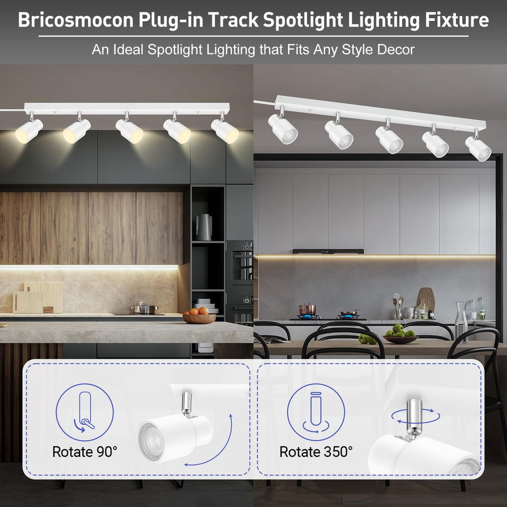 Track Lighting Plug in, 30" LED Track Light Fixtures Ceiling, White 5 Way Spotlight, Rotatable Head, Plug Wall Lights