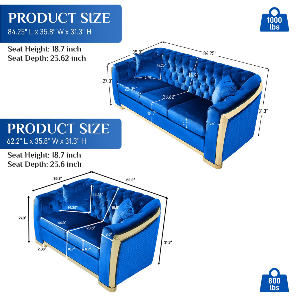 Chesterfield Loveseat and Sofa Set, Luxury Tufted Gold Couch, Blue