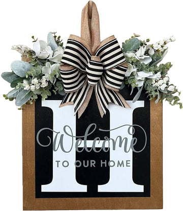 Last Name Year Round Front Door Wreath Front Porch Decoration 26 Letter Welcome Sign with Eucalyptus Garland and Bow