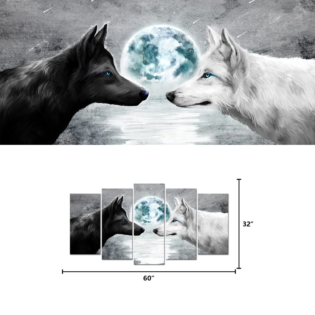 5 Pieces Black and White Wolves Painting Grey Blue Full Moon Seascape Picture Canvas Prints Gallery Wrapped Artwork