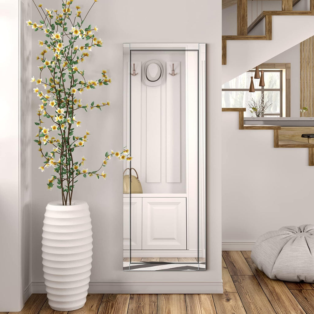 56"x20" Wall Mounted Full Length Mirror with Reflect Frame, Large Rectangle Beveled Frameless Full Body Mirror