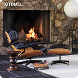 Mid-Century Modern Lounge Chair & Ottoman — Black Bonded Grain Leather, Walnut Base, Tall Back