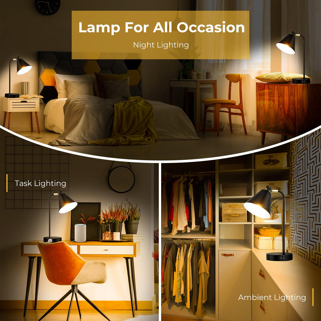 Industrial Dimmable Desk Lamp with 2 USB Charging Ports AC Outlet, Touch Control Bedside Nightstand Reading Lamp