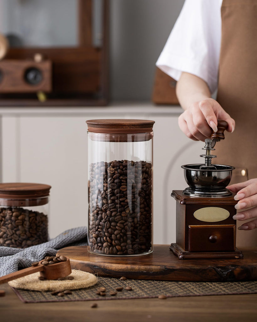 37 oz Coffee Canister with Scoop and Wooden Lids, Airtight Storage Container Sets of 2 for Ground Coffee & Beans