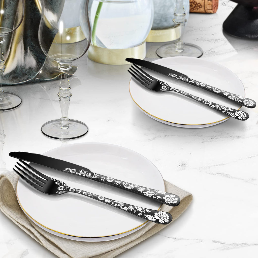 24-Piece Black Silverware Set with Steak Knife, Black Flatware Sets for 4, Stainless Steel Cutlery Set Includes Forks