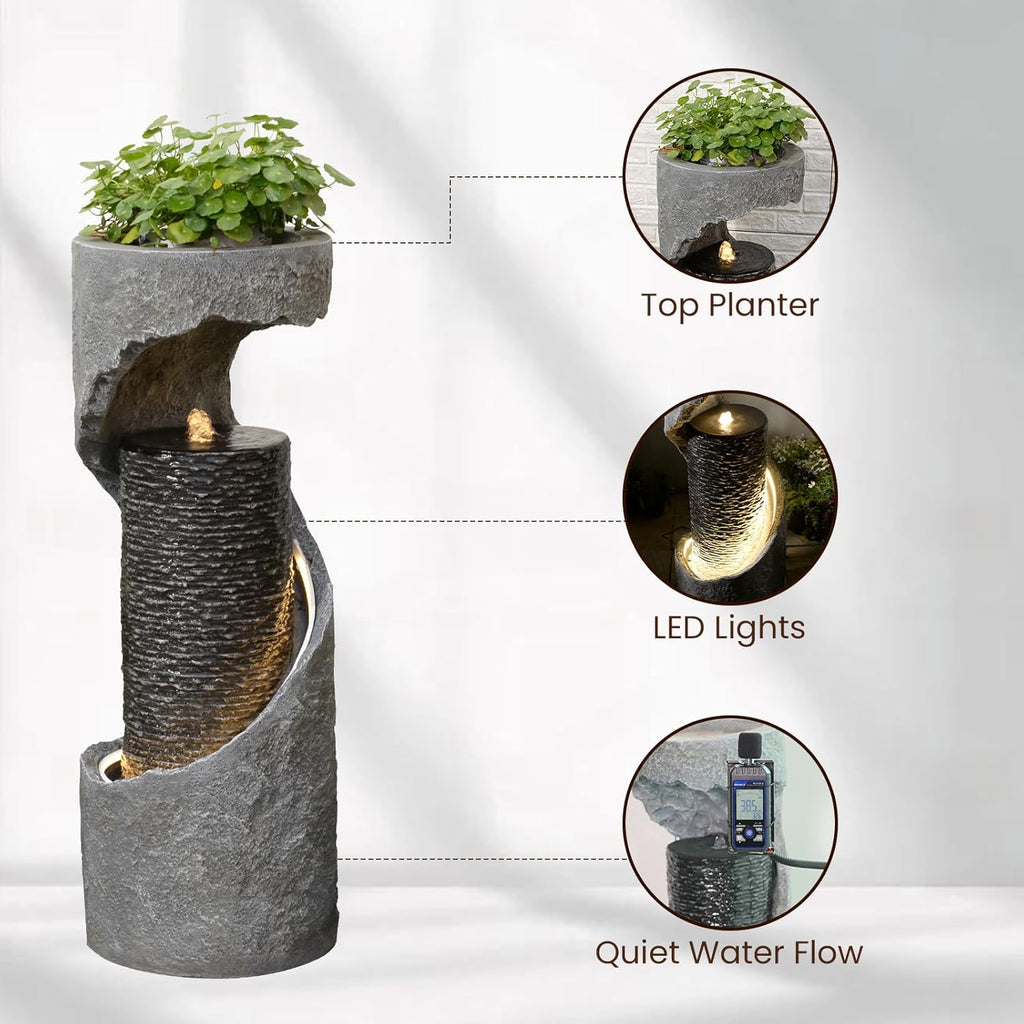 35.5" H Water Fountain with Planter, Modern Spiral Waterfall for Outdoor and Indoor