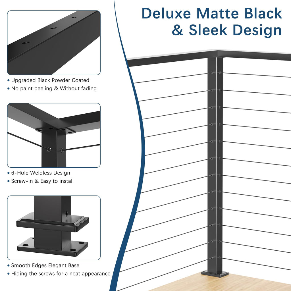 42" Modular Black Cable Railing Corner Post for Deck Railing System
