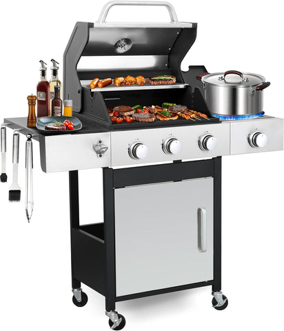 3-Burner Propane Gas Grill with Side Burner, 39,000 BTU BBQ Grill with Cast Iron Grates, Double-Layer Stainless Steel Lid and Grease Management