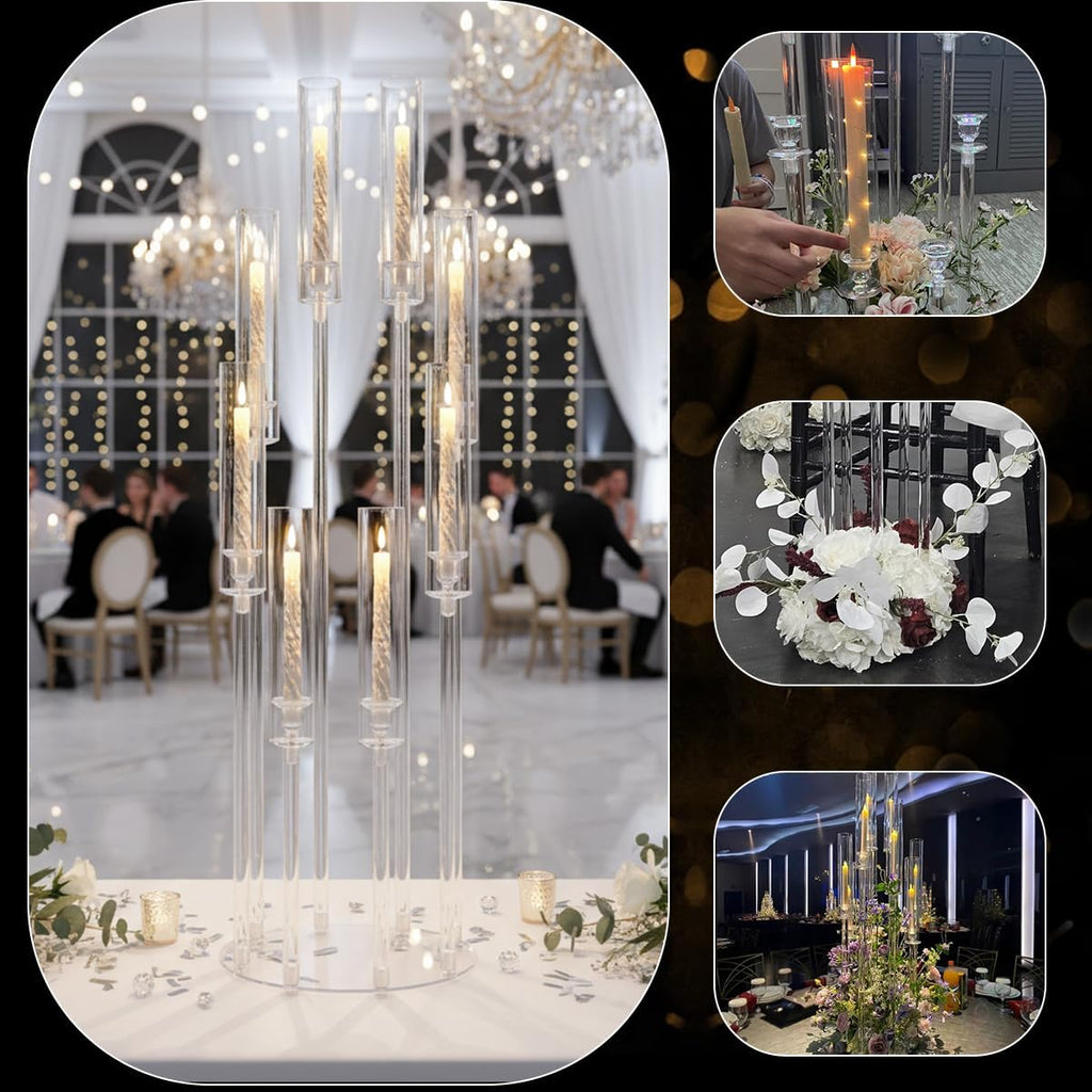 10PCS 8 Arm Acrylic Candelabra Candle Holder,Tall Clear Candlestick Holders with Shade for Tables Party Grand Event