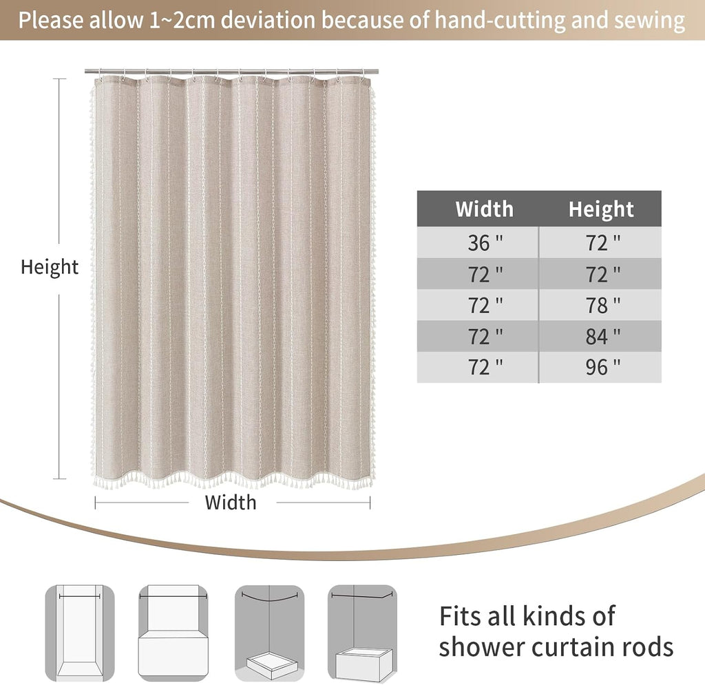 Boho Farmhouse Fabric Shower Curtain, Tan Brown Modern Polyester Linen Shower Curtains for Vintage Rustic Bathroom