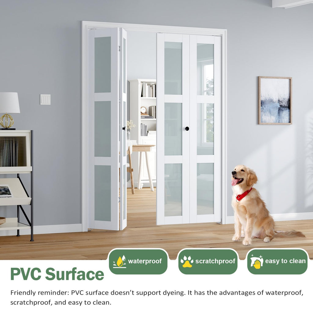 Bifold Doors for 60"×80-3/4" Opening, White Frosted Glass Folding Barn Door, Sliding Interior Wood Panel Closet