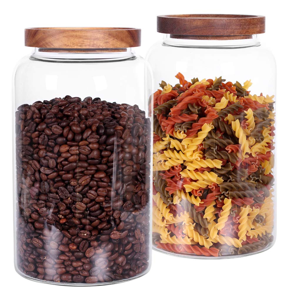 Large Glass Jar with Airtight Lid Set of 2 93 FL OZ(2750ml) glass canister set, Glass Food Containers Wooden Lid Suit