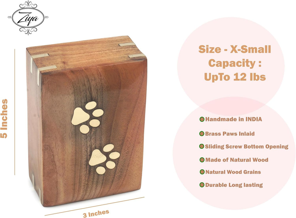 Wooden Small Cremation Pet Urn for Dog and Cat Ashes Box | Handmade Wood Memorial Pet Urn | Brass Paws Inlaid | Pet