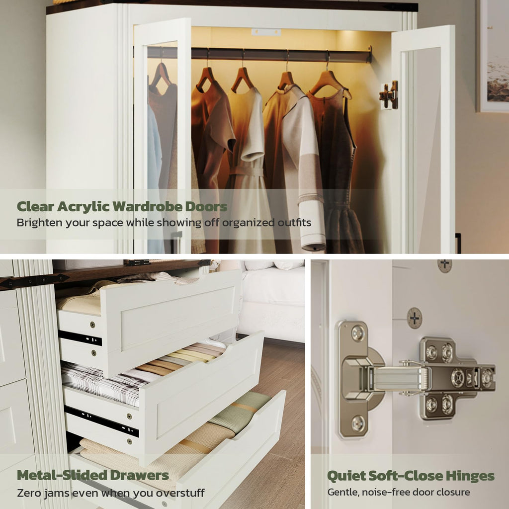 73'' Wood Farmhouse 4 Doors Armoire Wardrobe Closet with LED Light
