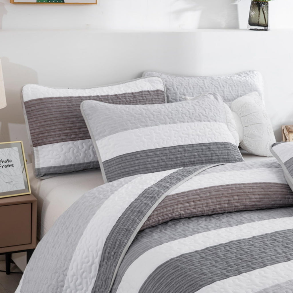 Classic Striped Quilt Set Grey White Brown Horizontal Stripe Bedding