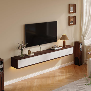Floating High Gloss, 55'' Wall-Mounted TV Cabinet, Floating TV Console, Under TV Shelf with 3 Doors (Walnut+White)