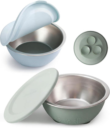 Baby Bowls with Suction, Stainless Steel & Silicone Toddler Bowls with Lids, Seamless One-Piece Design Silicone Bowls