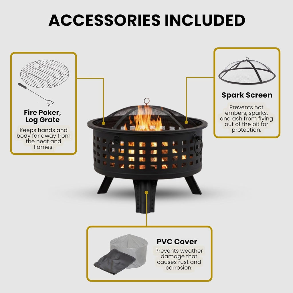 Outdoor Fire Pit - 26-Inch Round Lattice Wood Burning Firepit with Screen, Poker, Grate and Cover