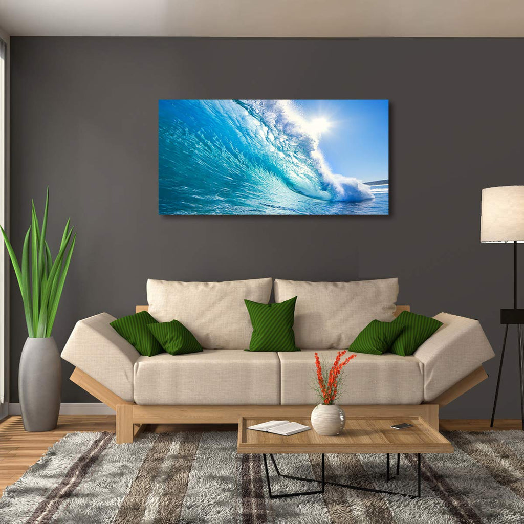 Framed Ocean Wave Wall Art, 48x24 Inch Large Horizontal Turquoise Sea Canvas Prints, Coastal Beach Nautical Wall