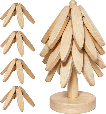 Wooden Tree Coasters Set, Black Walnut Tree Trivet for Hot Dishes, Foldable Stackable Trivets with Stand, Heat - Set of 6