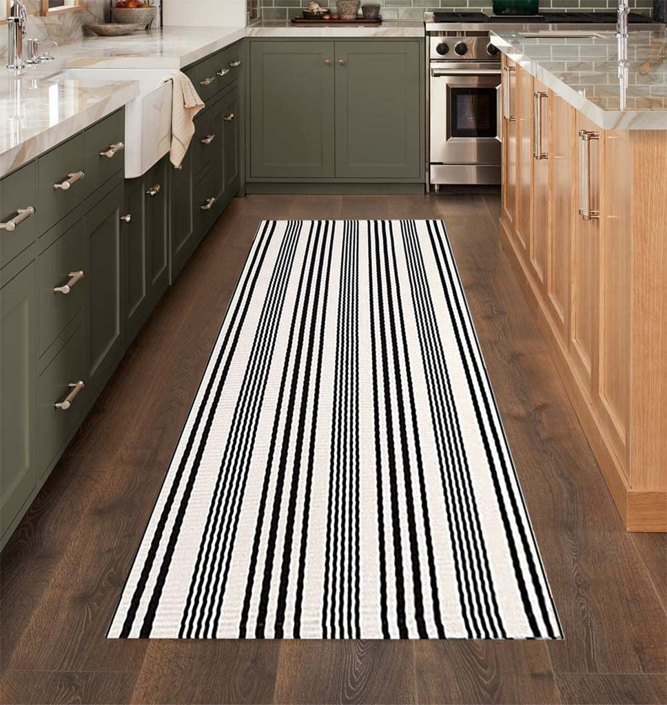 Black and White Striped Runner Rug 2x6ft, Washable Outdoor Entryway Rug
