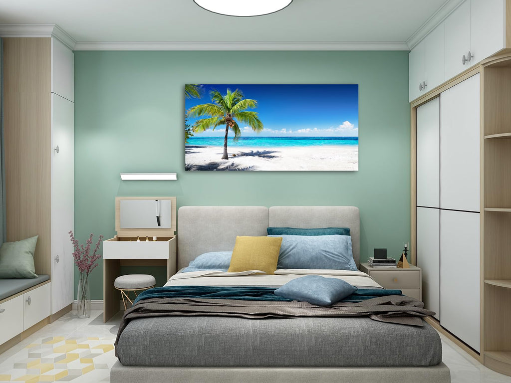 Large Canvas Wall Art Summer Ocean Waves Coconut Trees on Sands Beach Seascape Painting Sea Nature Pictures Home